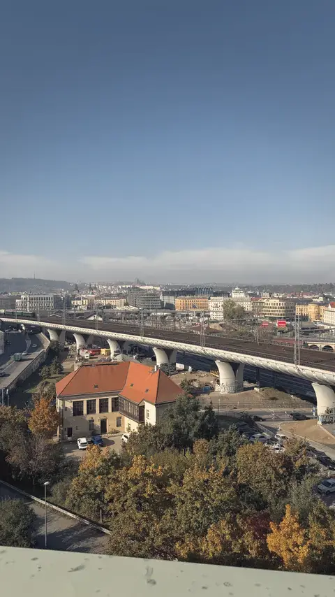 露台正下方：秋天的樹、紅屋頂小房子和高架橋。