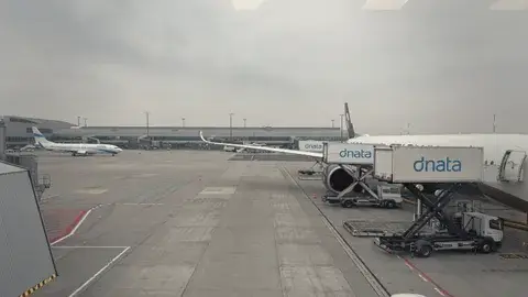 08:26，機場：窗外停著幾架飛機，天是灰的。